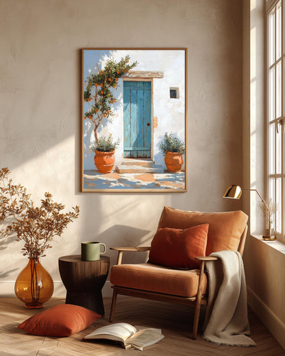 Greek door framed canvas in a handmade solid wood frame, ready to hang