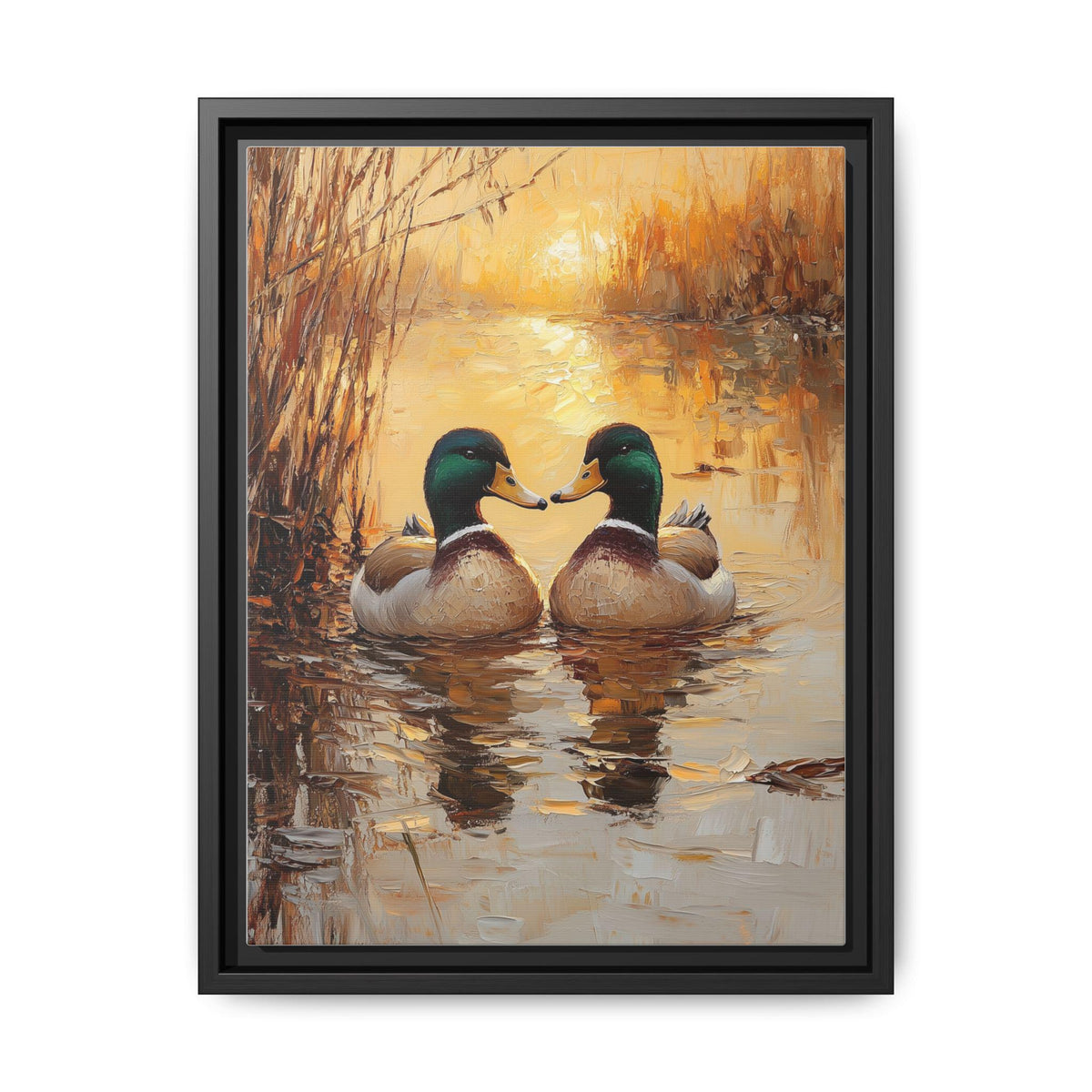 Mallard Duck wall art framed canvas print in a black wood frame