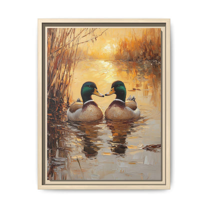 Mallard Duck wall art framed canvas print in a natural wood frame