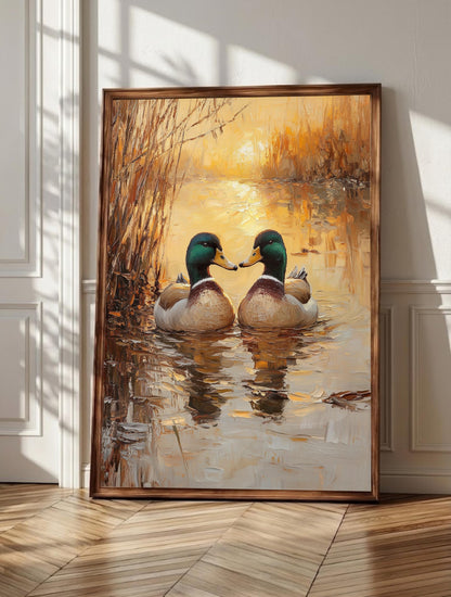 Mallard duck wall art: two ducks gliding across a still golden-hour pond