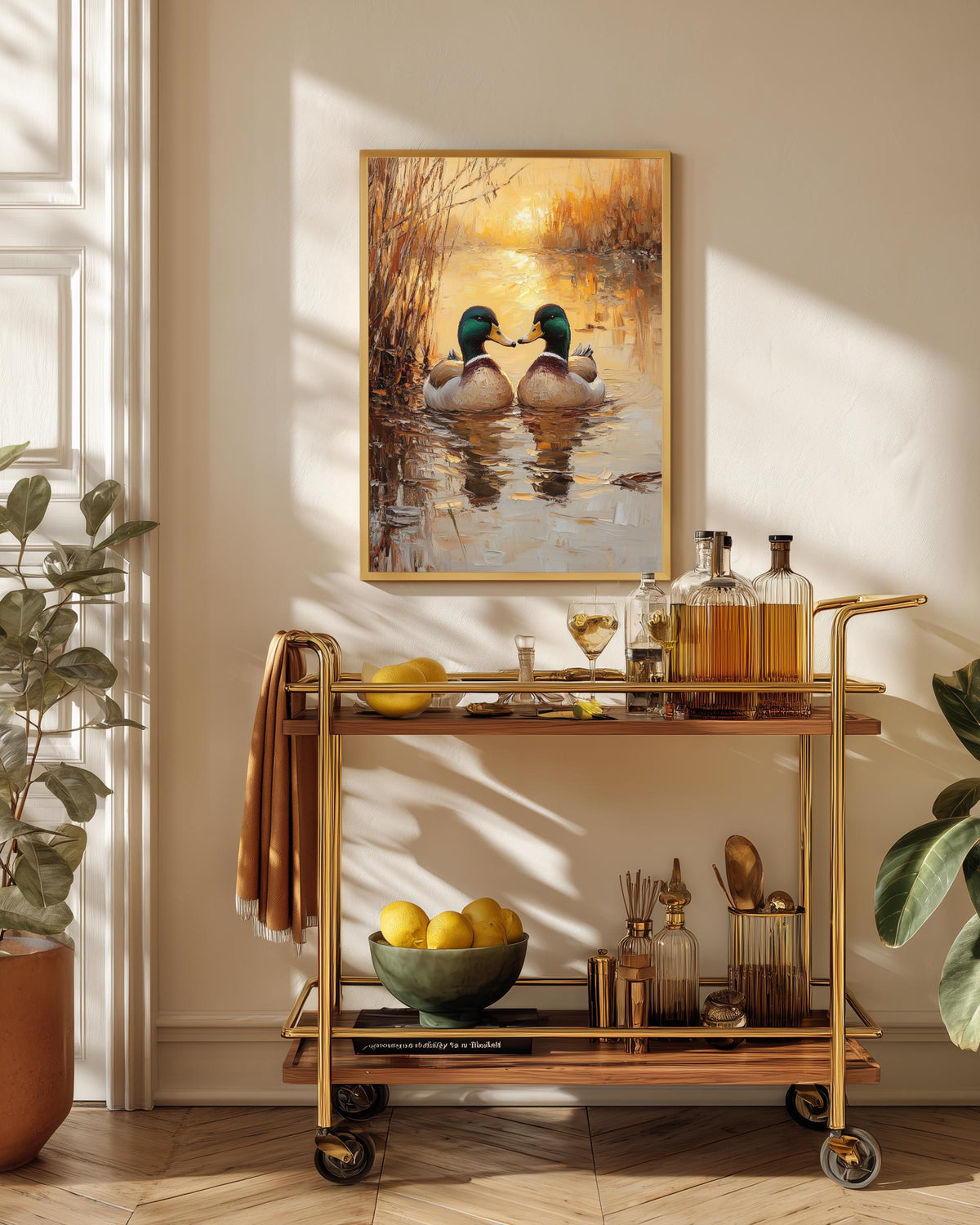 Oil-painting style duck pond in green and gold, hand-framed in solid wood