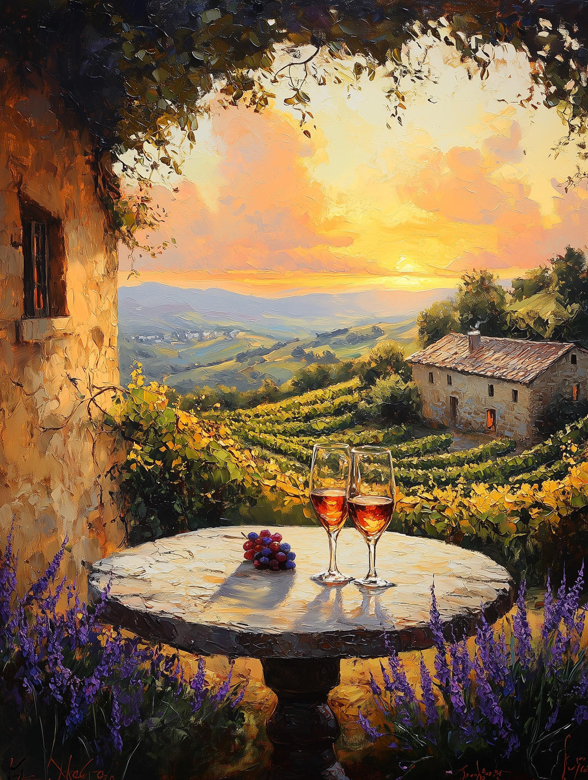 Tuscan canvas print with golden vineyard hills rolling away beyond the pergola
