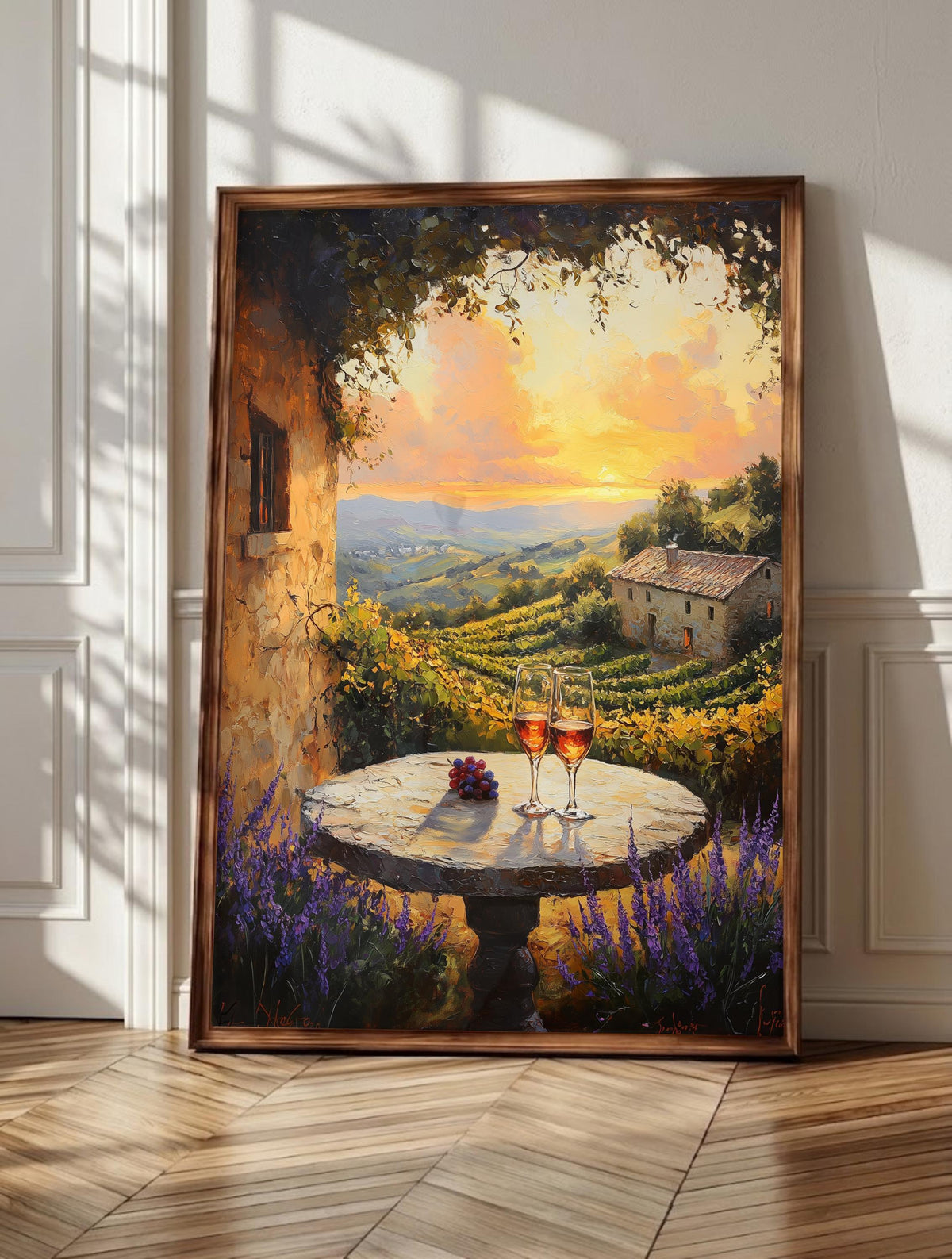 Vineyard wall art: a stone table set with two wine glasses under a grapevine trellis