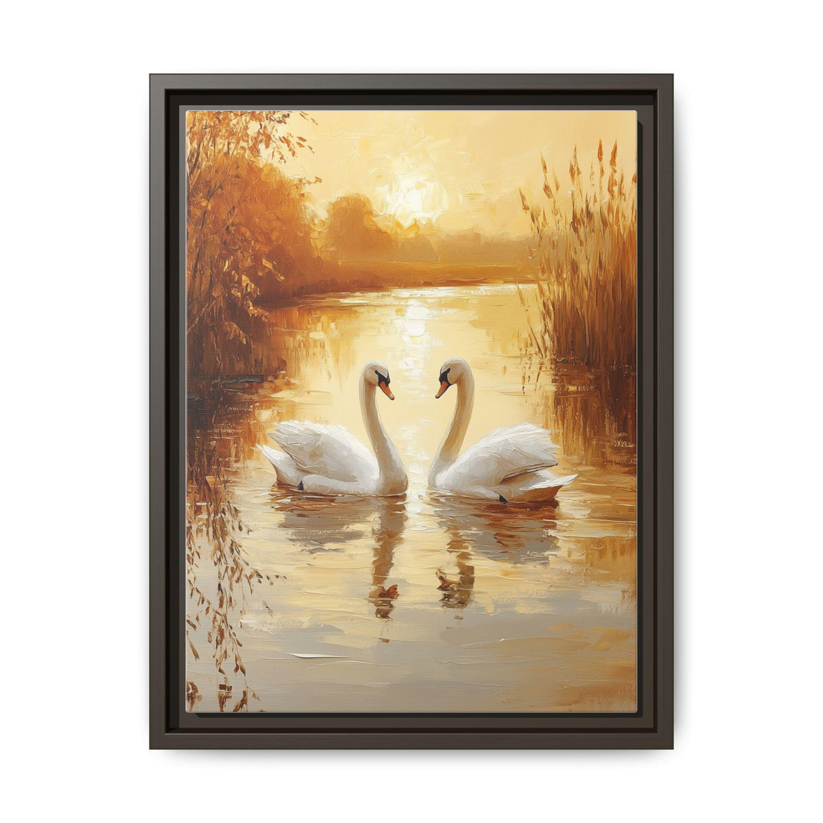 Swan wall art framed canvas print in an espresso wood frame