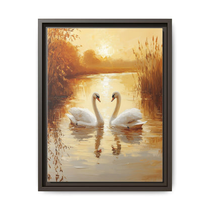 Swan wall art framed canvas print in an espresso wood frame
