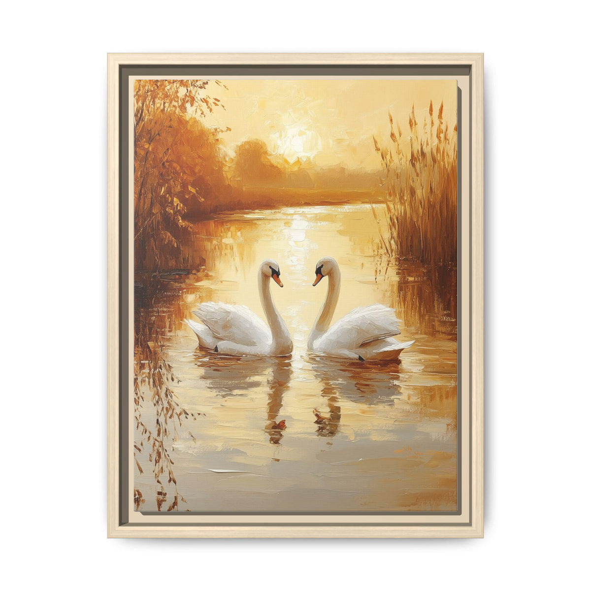 Swan wall art framed canvas print in a natural wood frame