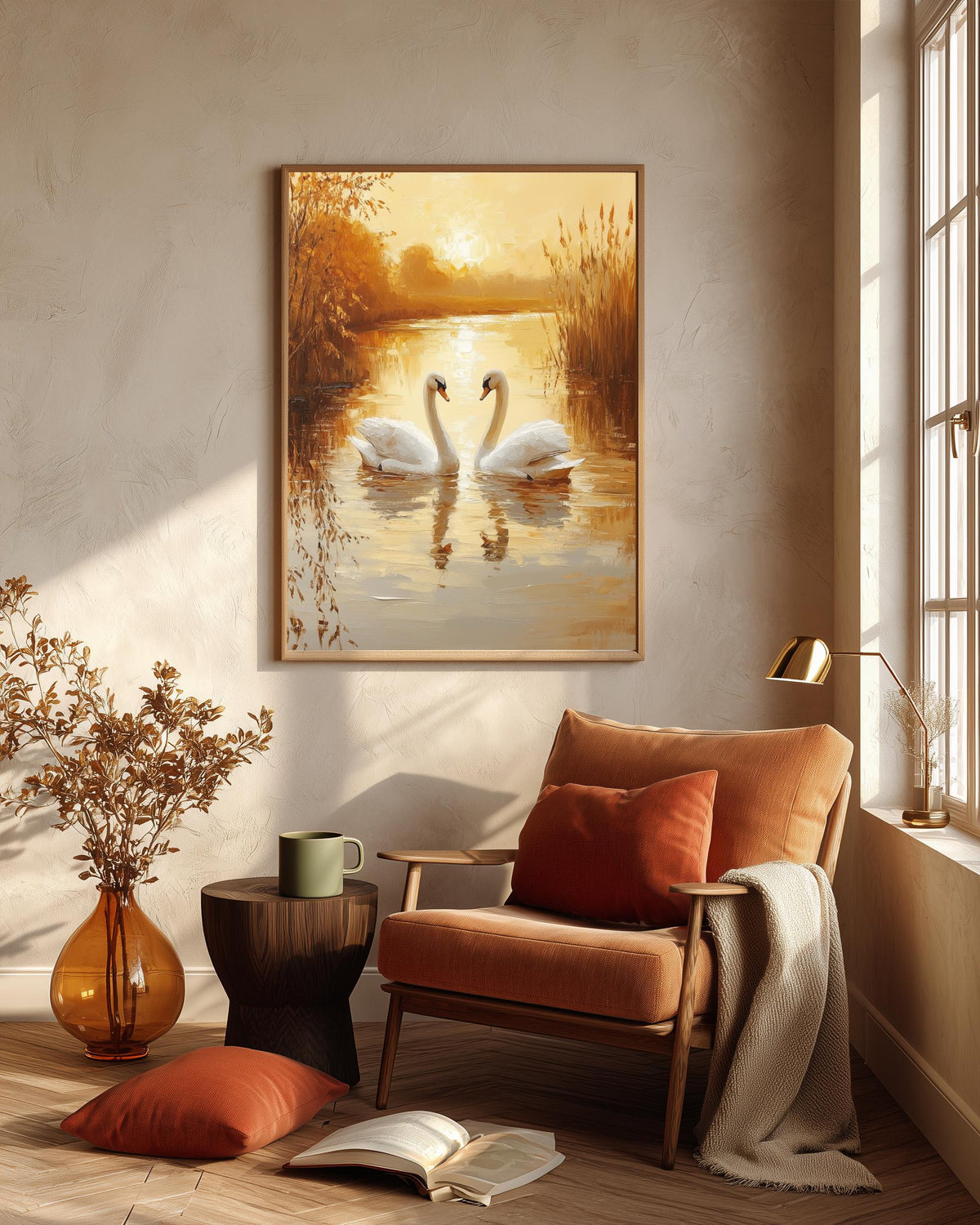 Romantic swan framed canvas in a handmade solid wood frame, ready to hang