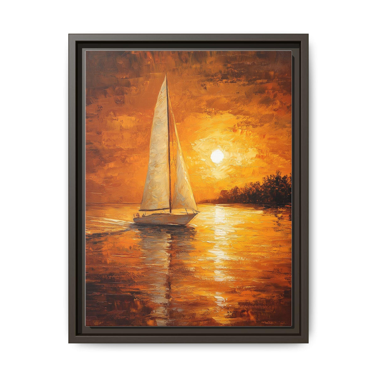 Sailboat wall art framed canvas print in an espresso wood frame