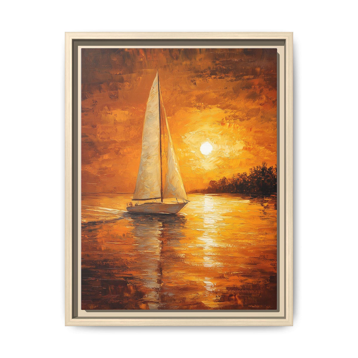 Sailboat wall art framed canvas print in a natural wood frame