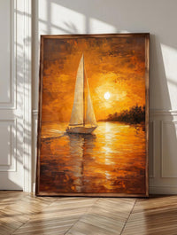 Sailboat wall art: a single white sailboat crossing a glassy lake at amber sunset