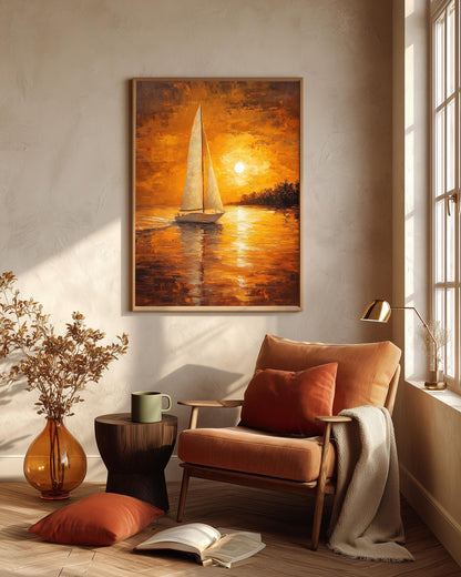 Sailing boat framed canvas in a handmade solid wood frame, ready to hang