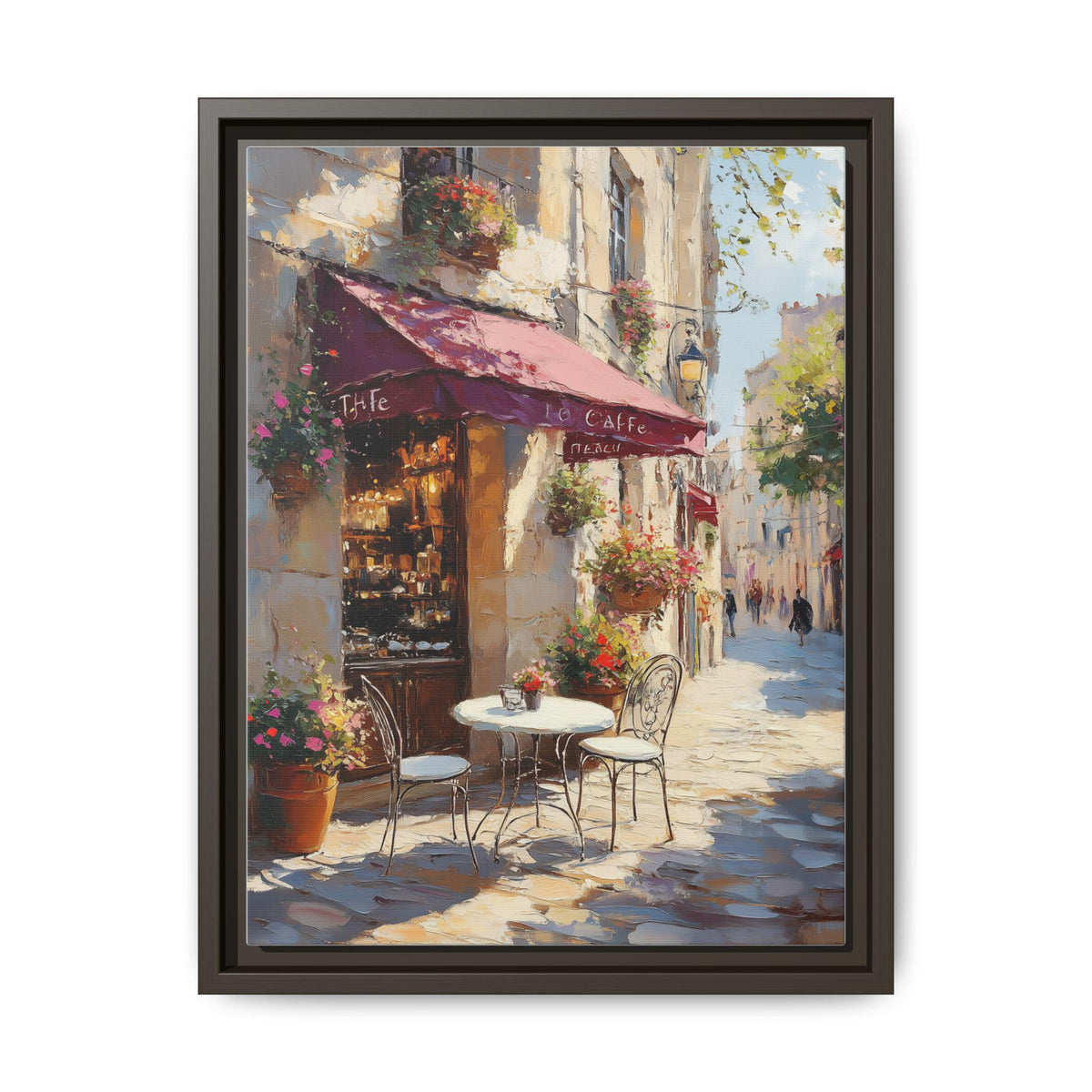 Cafe Terrace wall art framed canvas print in an espresso wood frame