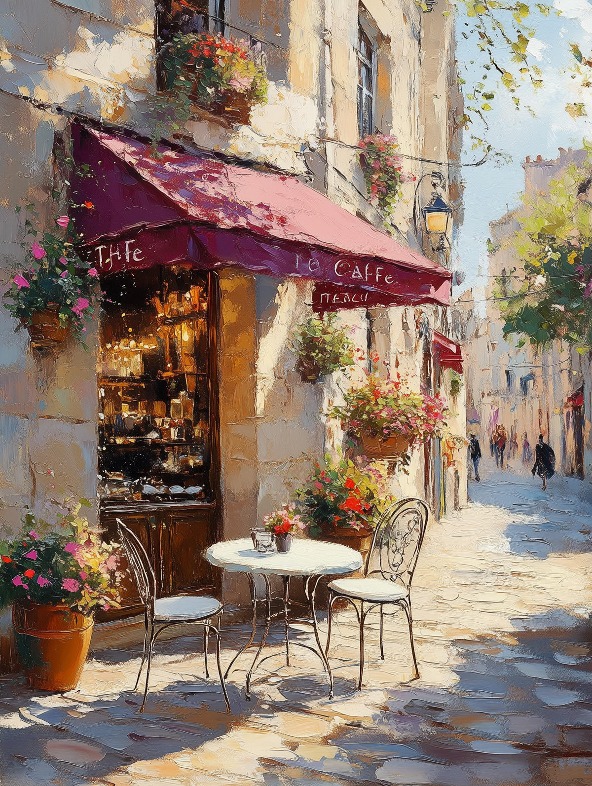 Painterly French bistro canvas print with potted flowers on sunlit cobblestone