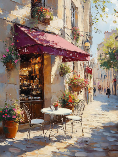 Painterly French bistro canvas print with potted flowers on sunlit cobblestone