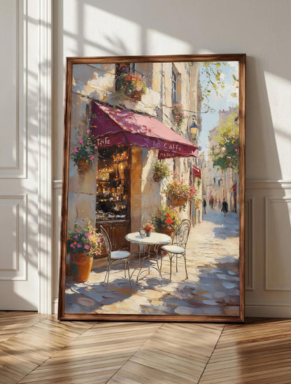 Cafe terrace wall art: a small round bistro table under a burgundy awning, framed canvas print