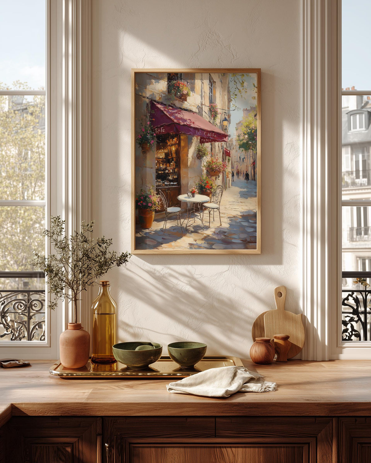 Cafe scene framed canvas art set in a solid wood frame, ready to hang