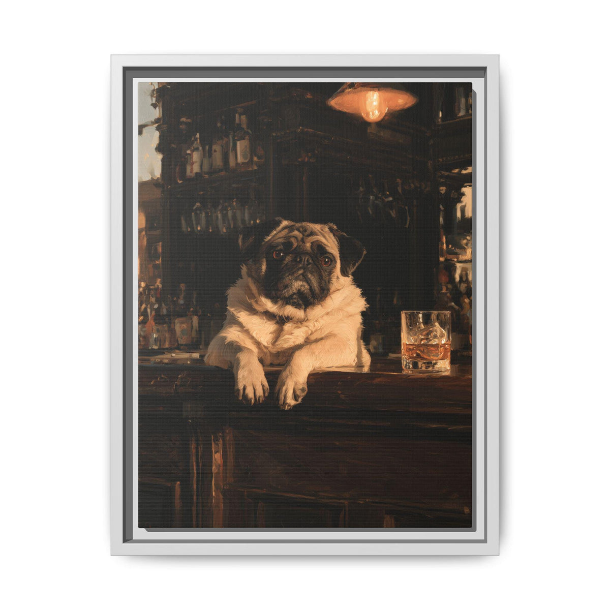 Pug wall art framed canvas print in a white wood frame