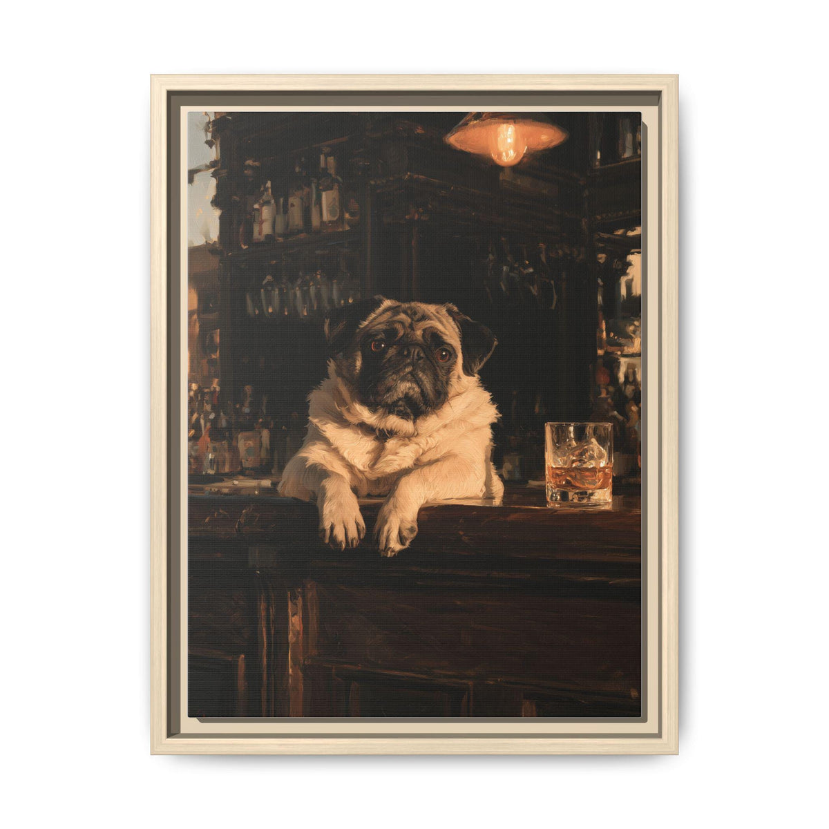 Pug wall art framed canvas print in a natural wood frame