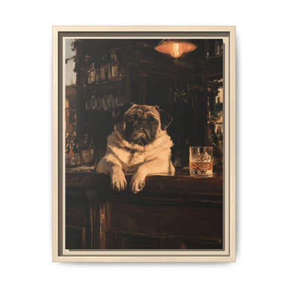 Pug wall art framed canvas print in a natural wood frame