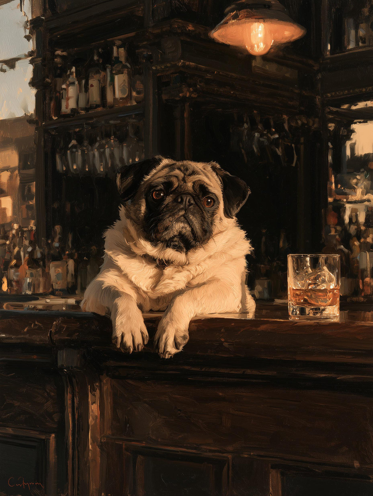 Painterly pug canvas print with a glass of whiskey on ice beside him