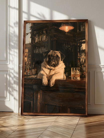 Pug wall art: a fawn pug sitting upright with both paws on a lamplit bar