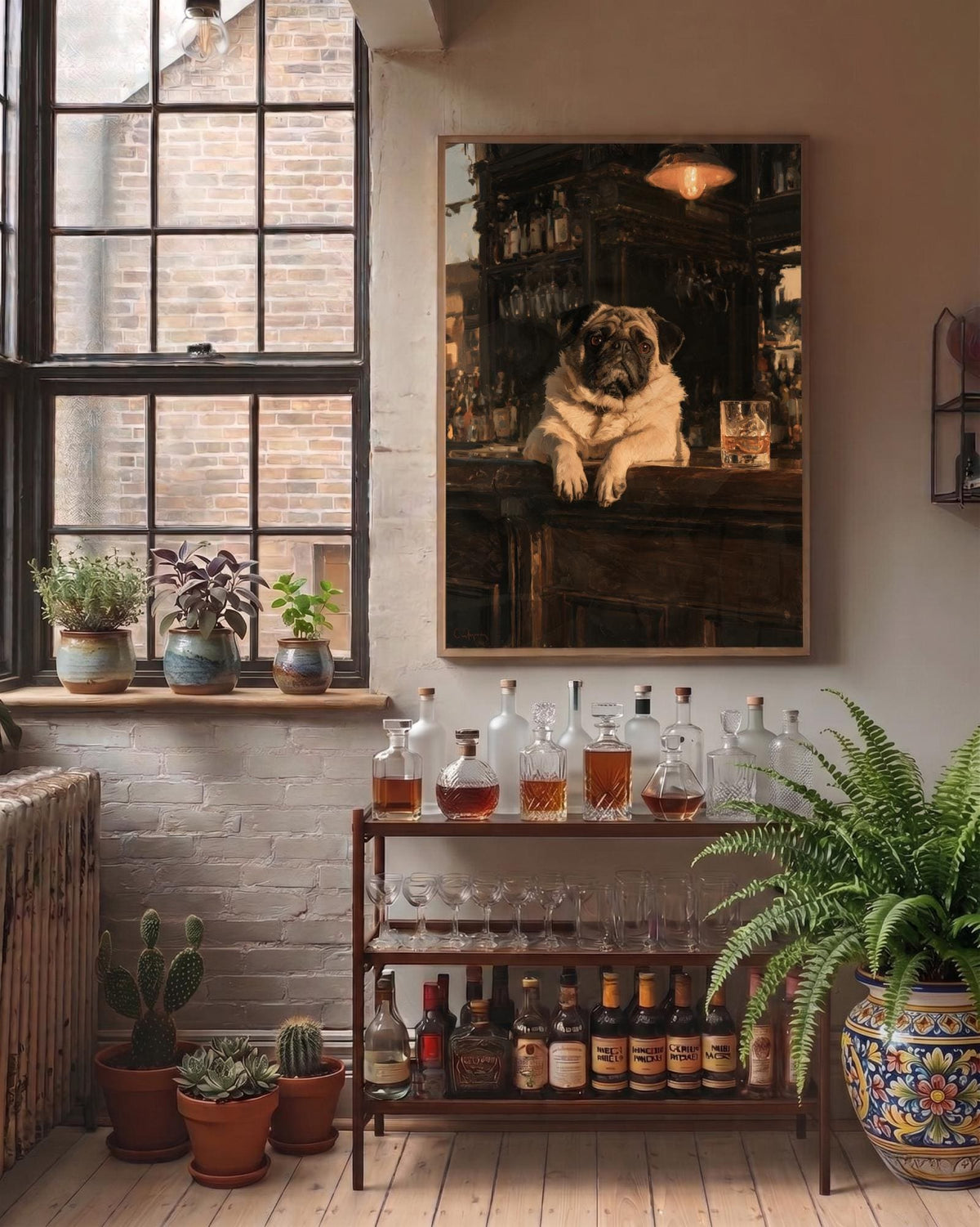 Oil-painting style bar scene print on cotton canvas, made to order