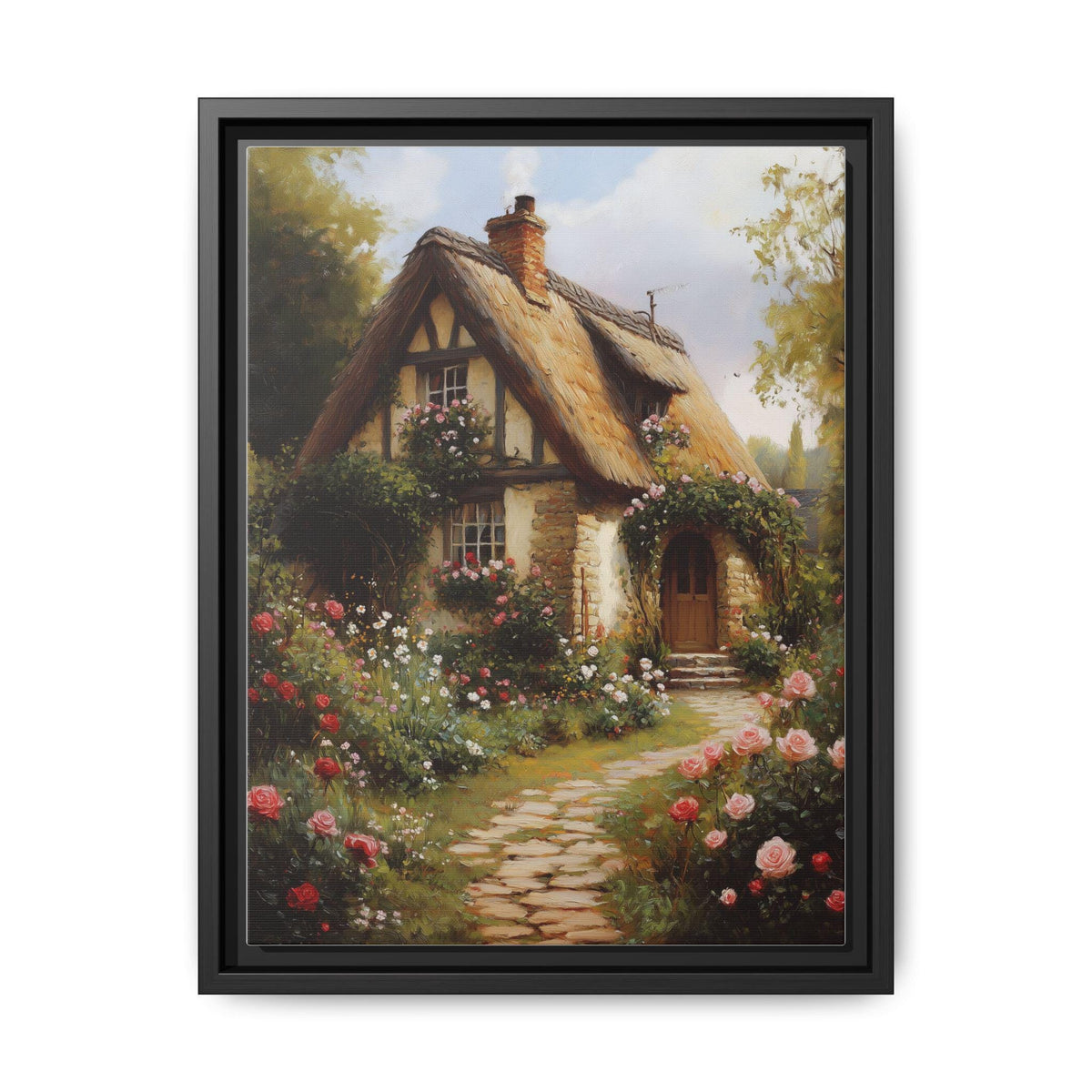 Cottage Garden wall art framed canvas print in a black wood frame