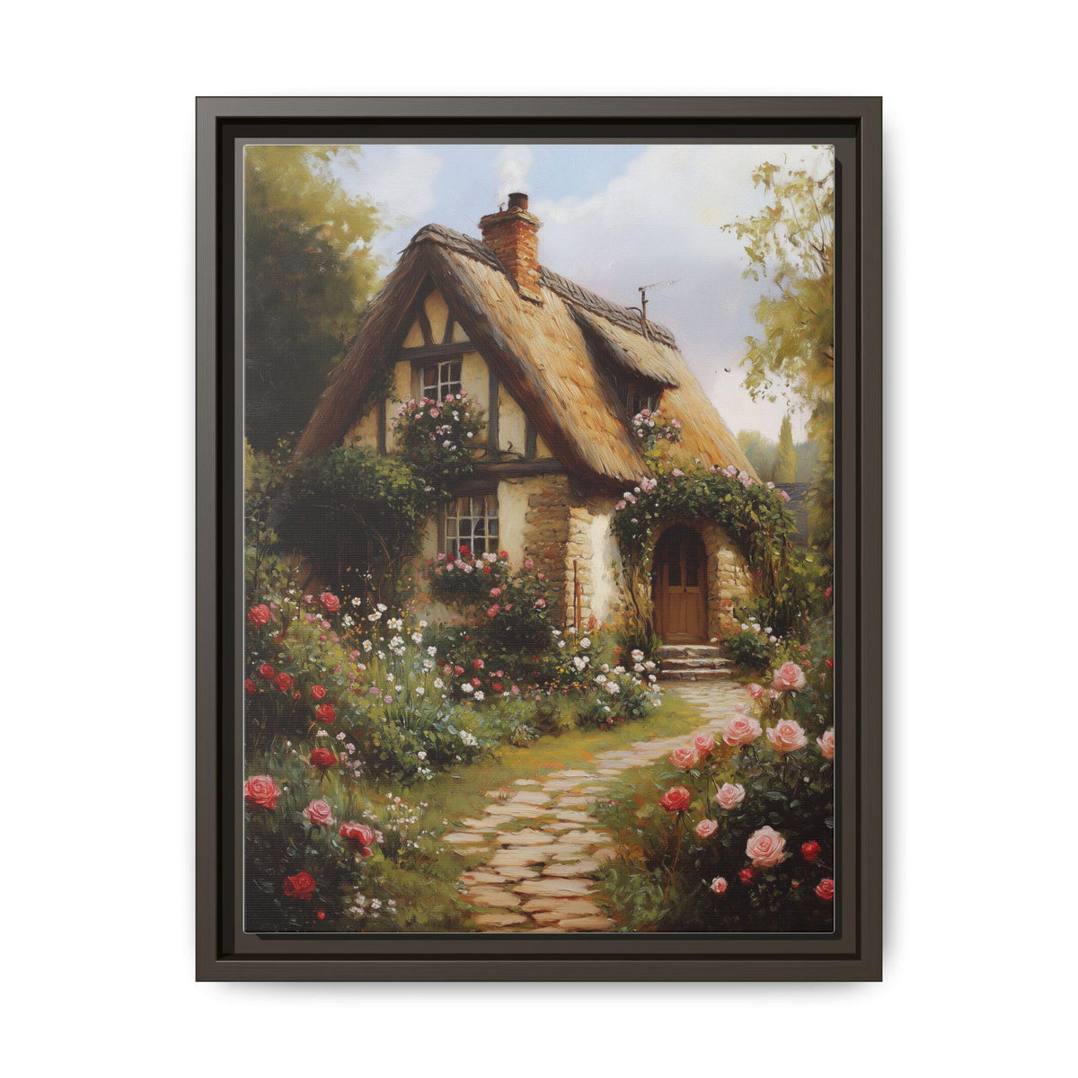 Cottage Garden wall art framed canvas print in an espresso wood frame