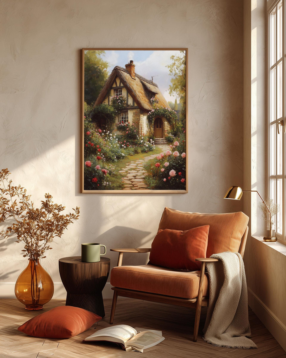 Oil-painting style thatched cottage in blush pink and green, framed in solid wood