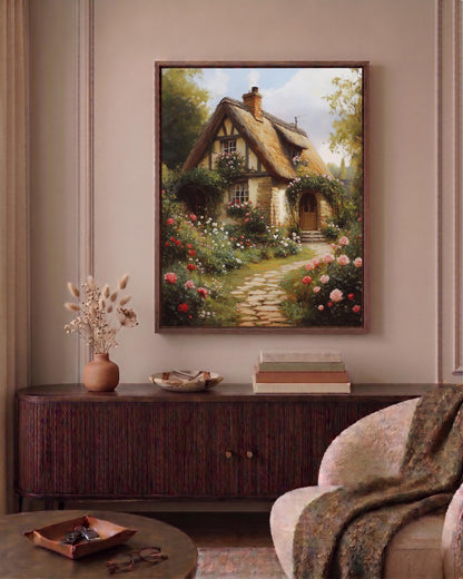Rose garden framed canvas printed on cotton canvas, ready to hang