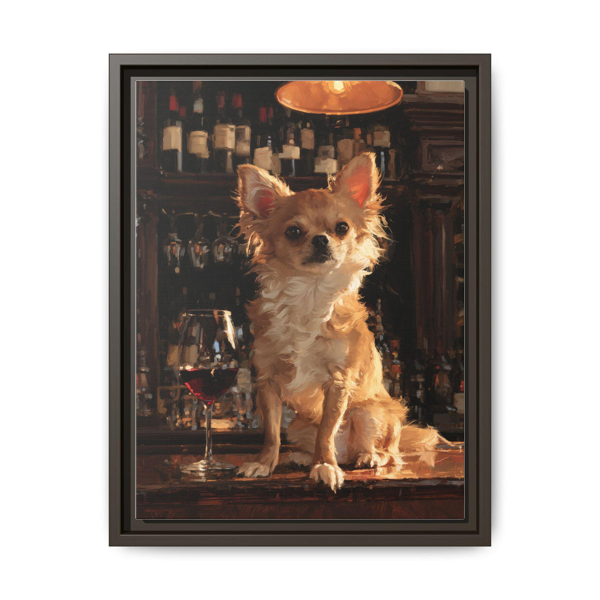 Chihuahua wall art framed canvas print in an espresso wood frame