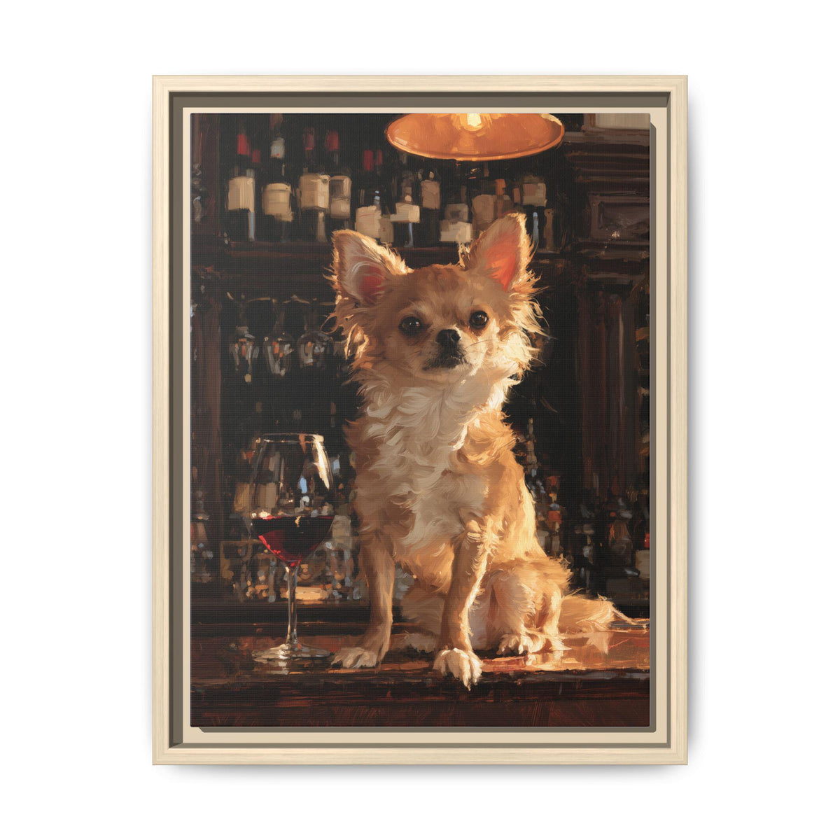 Chihuahua wall art framed canvas print in a natural wood frame