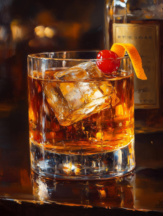 Painterly Old Fashioned canvas print with amber whiskey in a heavy rocks glass