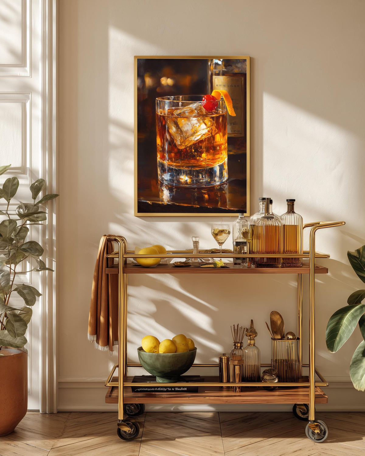 Cocktail still life framed canvas art in a solid wood frame, ready to hang