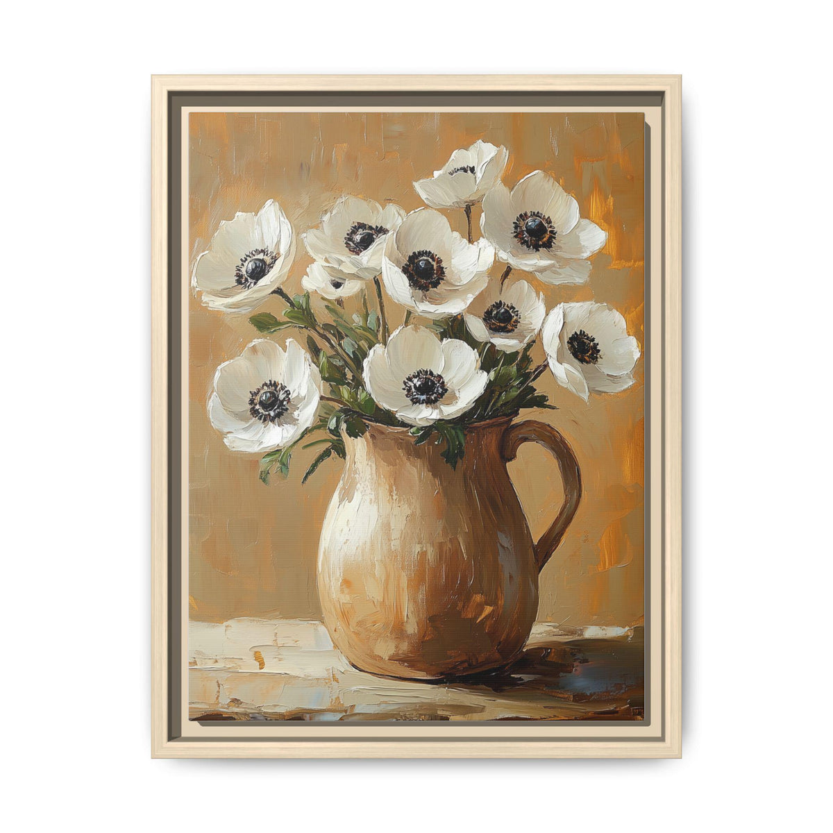 Anemone wall art framed canvas print in a natural wood frame