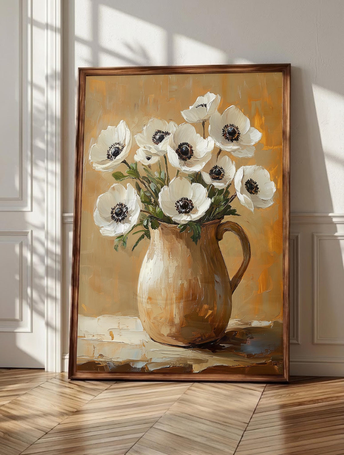 Anemone wall art: white blooms with dark velvet centers in a rustic ceramic pitcher