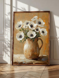 Anemone wall art: white blooms with dark velvet centers in a rustic ceramic pitcher