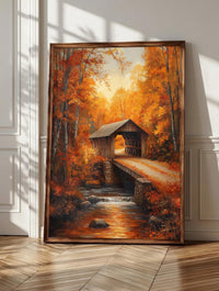 New Hampshire wall art: a wooden covered bridge crossing a stony autumn stream