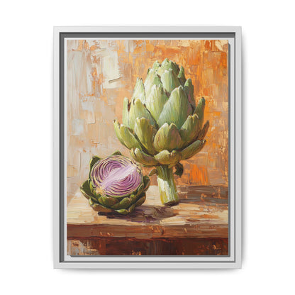 Artichoke wall art framed canvas print in a white wood frame