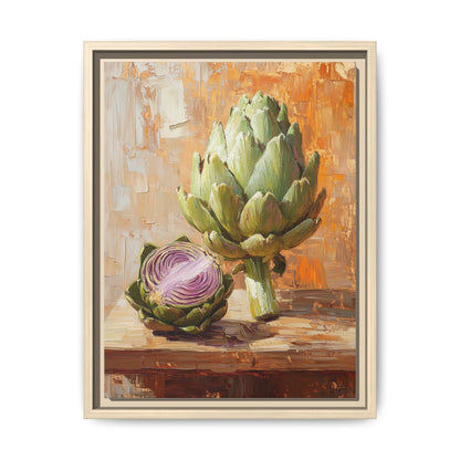 Artichoke wall art framed canvas print in a natural wood frame