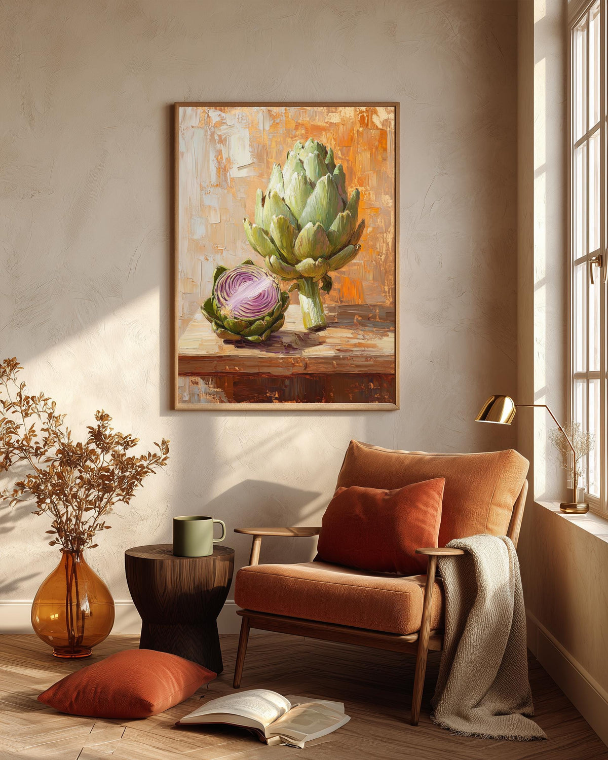 Impasto oil-painting style artichoke print on cotton canvas, ready to hang