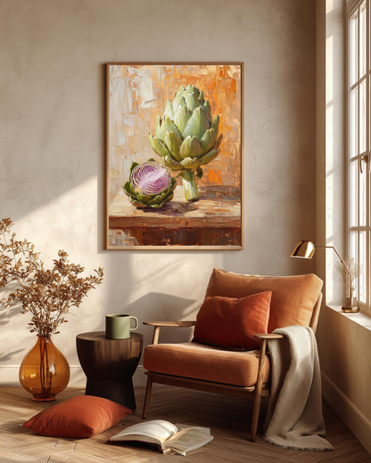 Impasto oil-painting style artichoke print on cotton canvas, ready to hang