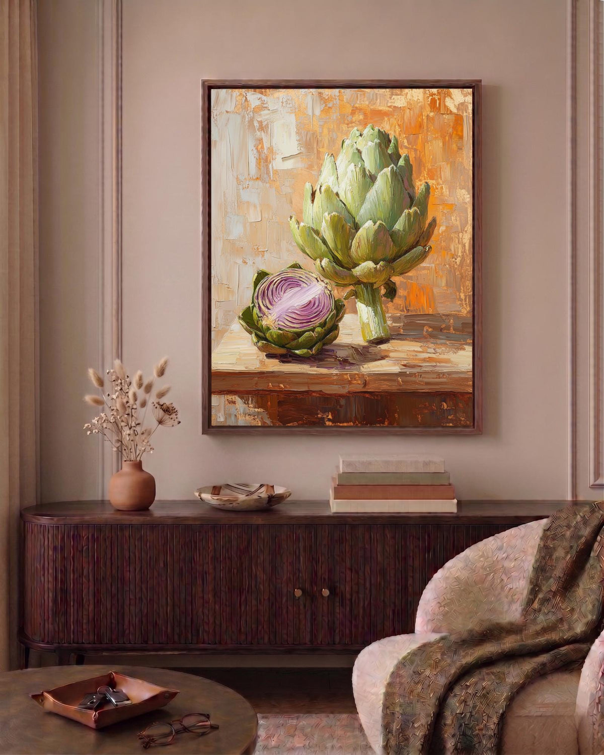 Artichoke framed canvas art hand-finished in a solid wood frame, made to order