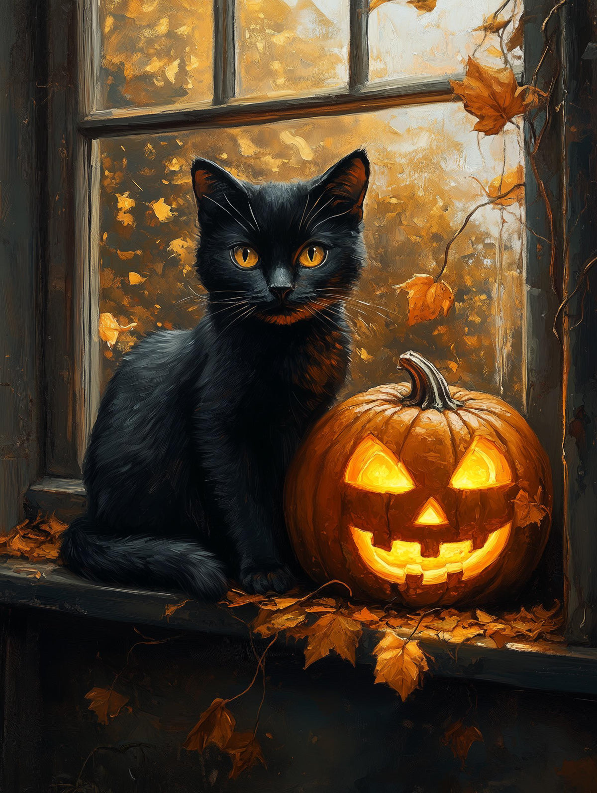 Painterly Halloween canvas print with autumn leaves turning gold behind the cat