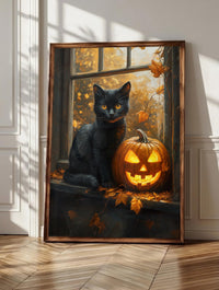 Black cat wall art: a cat beside a glowing jack-o-lantern on an old sill, framed canvas print