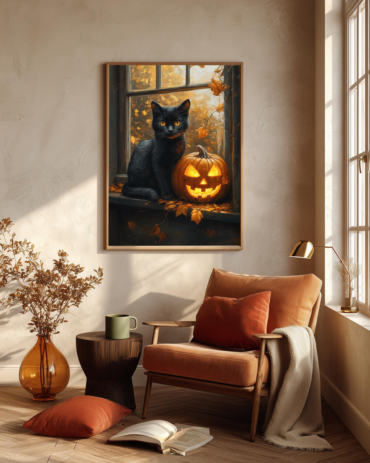 Cozy black cat framed canvas art set in a solid wood frame, ready to hang
