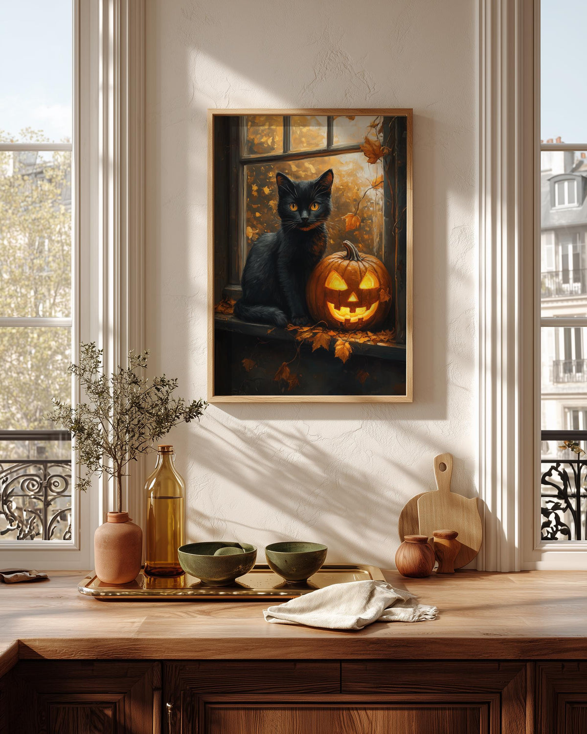 Oil-painting style pumpkin and cat scene printed on cotton canvas, made to order