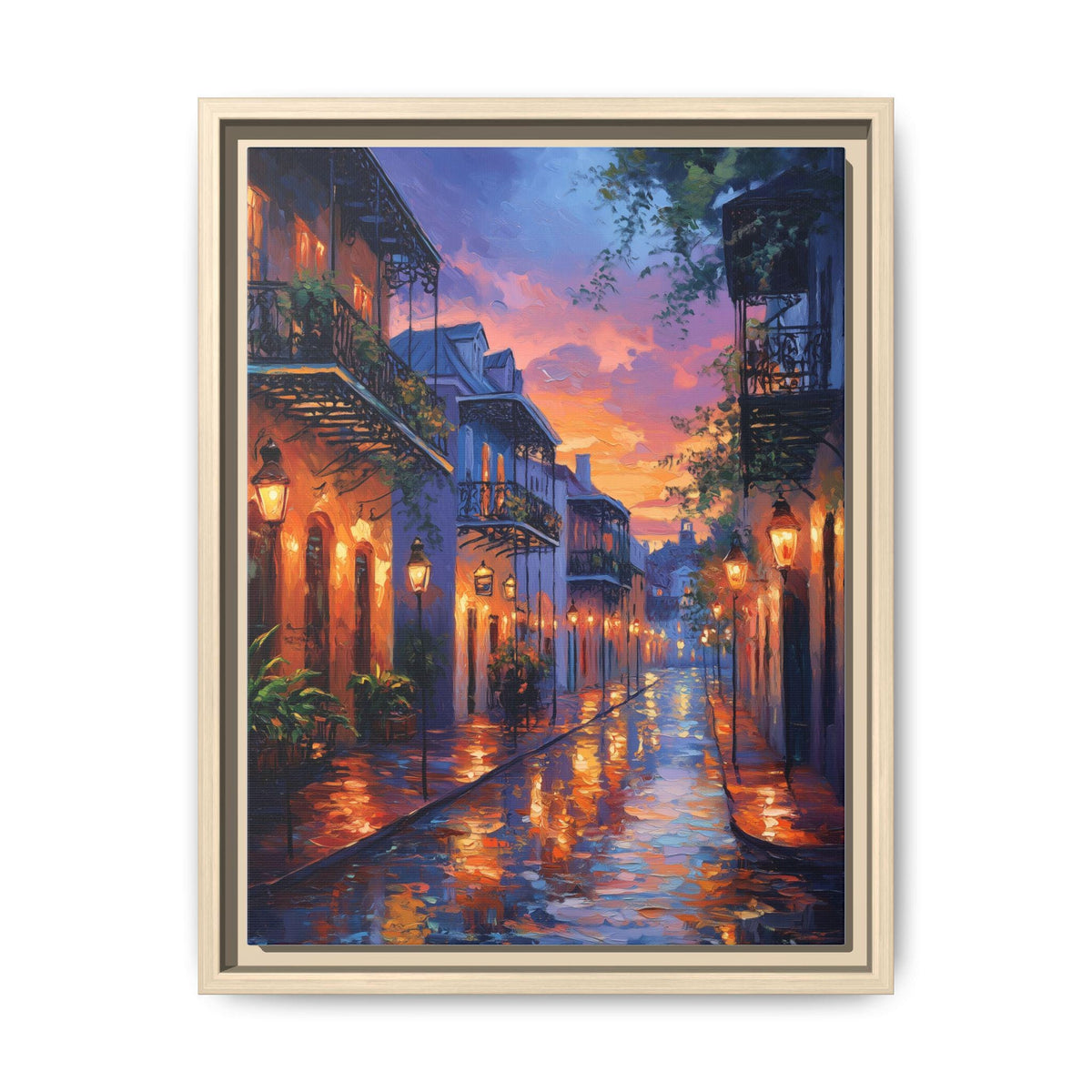 New Orleans wall art framed canvas print in a natural wood frame