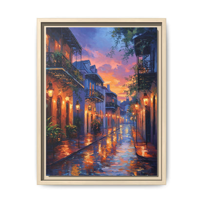 New Orleans wall art framed canvas print in a natural wood frame