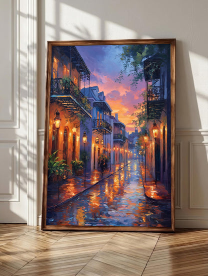 New Orleans wall art: gas lamps glowing along a cobblestone French Quarter street